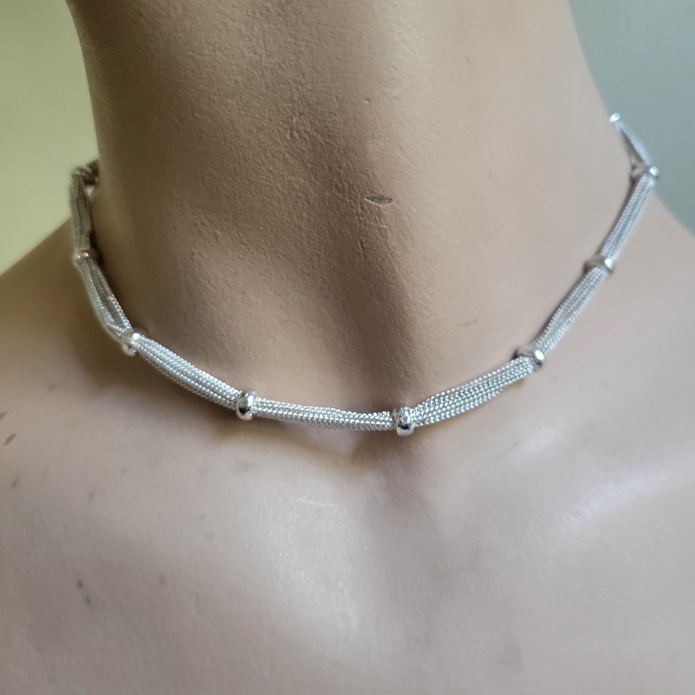 Anne Klein Silver Tone Mesh Bead Choker Necklace 16-19" Minimalist 90s